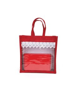 Red Gusset Window Jute Bags, 11in x 6in x 11in