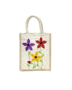 Off-White Applique Design Jute Bags, 10in x 5in x 12in