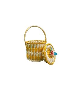 Multicolour Cylinder Palmleaf Basket with Lid, 7in x 7in