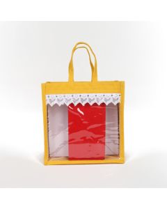Yellow Gusset Window Jute Bags, 11in x 6in x 11in