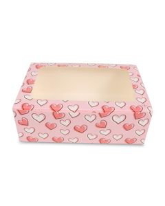Pink Heart Printed Window Bakery Boxes, 10in x 10in x 3.5in